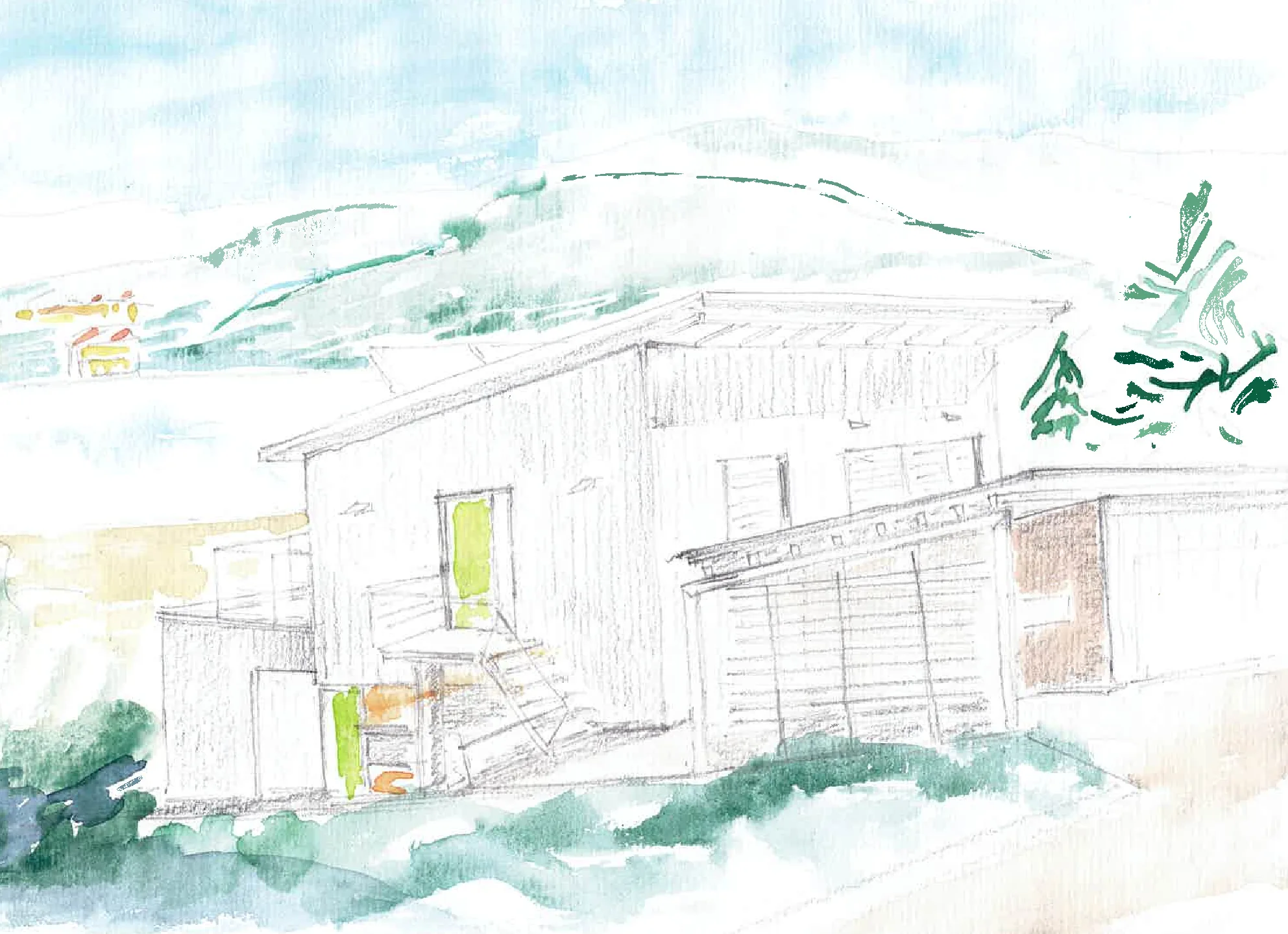 Architekturzeichnung, Wohnhaus in Landschaft
