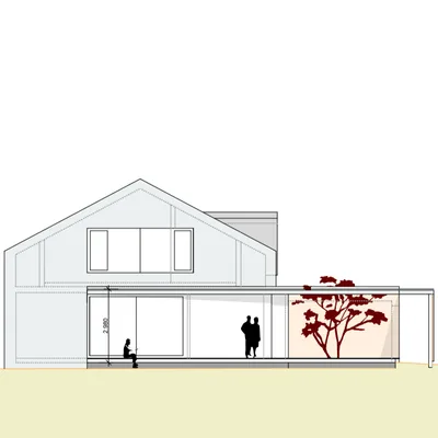 Gezeichnete Gebäudeansicht: Wohnhaus mit Satteldach und überdachter Terrasse